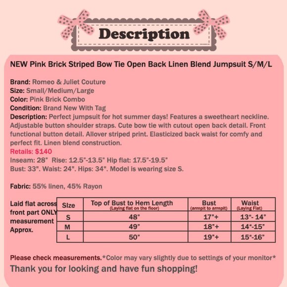 NEW Pink Striped Button Front Cutout Tie Open Back Linen Blend Jumpsuits $140 - Picture 8 of 8